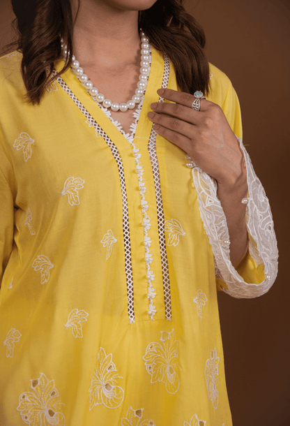 Chikankari Lawn Kurta Set - Yellow