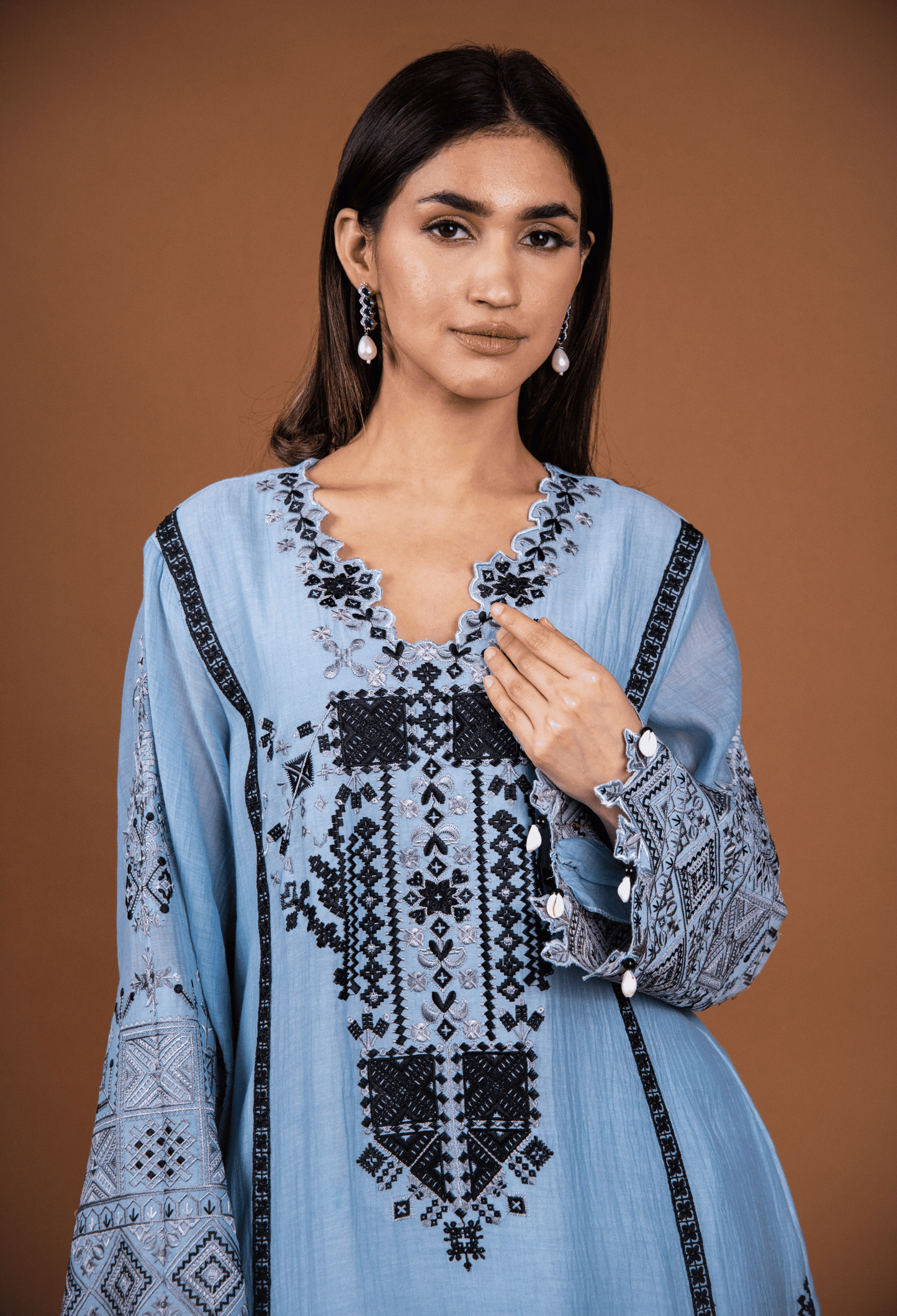 Cross Stitch Chanderi Kurta Set - Blue