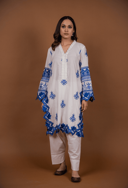 Floral Cutwork Kurta Set - White & Blue