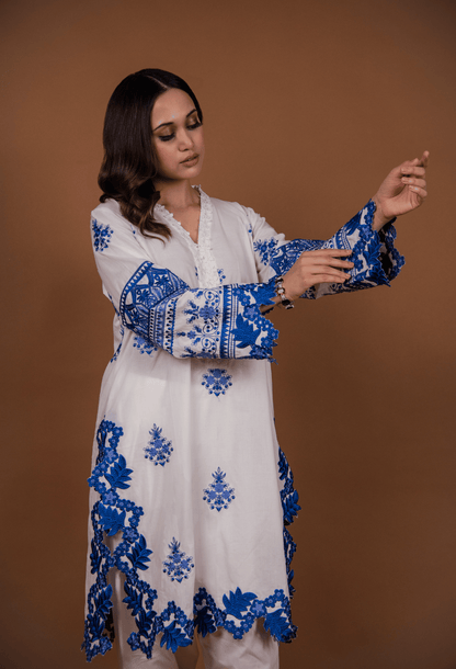 Floral Cutwork Kurta Set - White & Blue