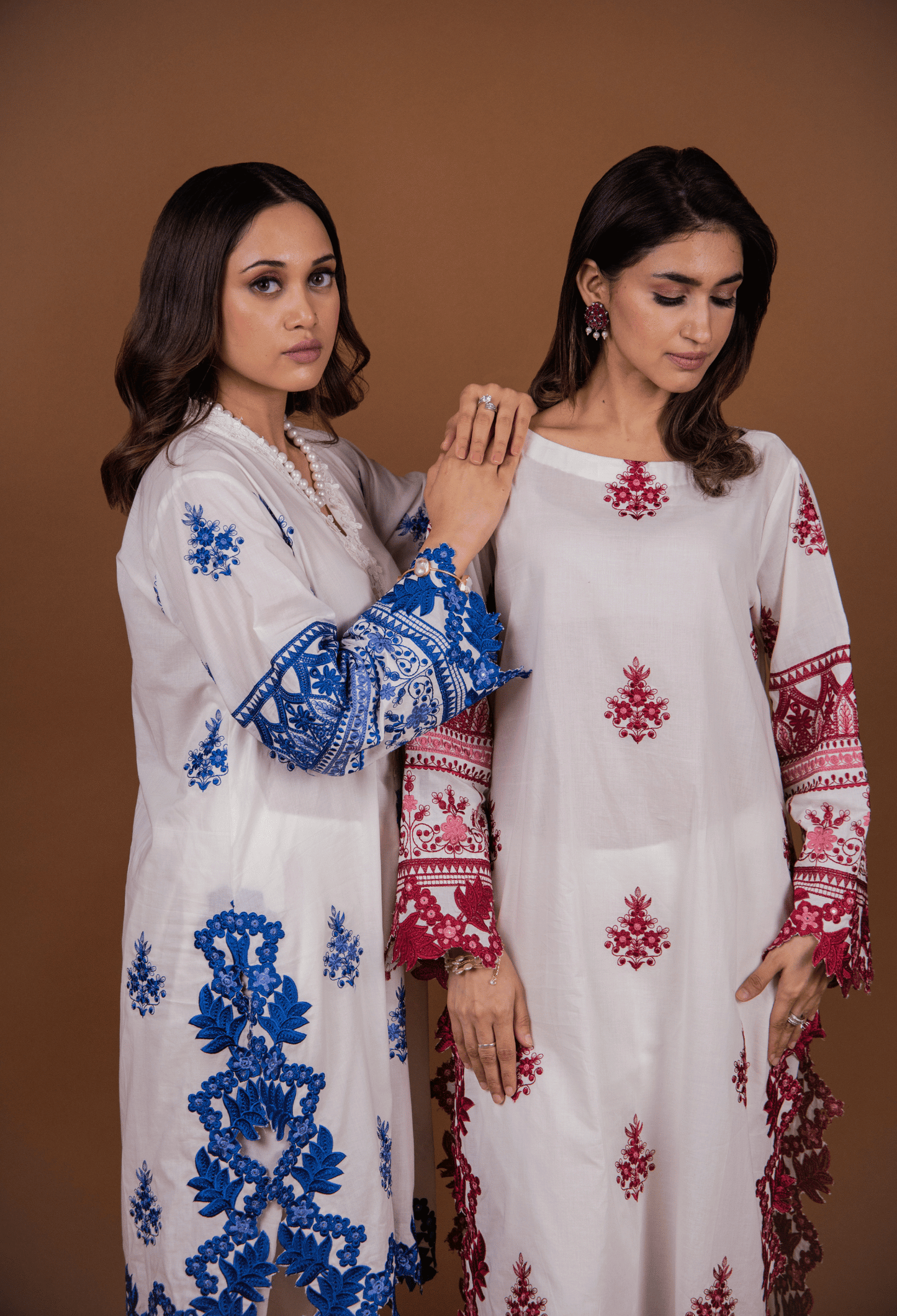 Floral Cutwork Kurta Set - White & Blue