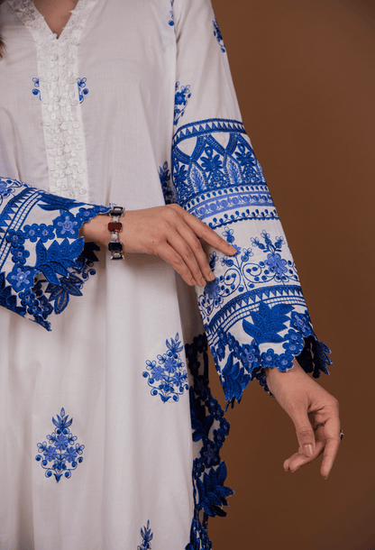 Floral Cutwork Kurta Set - White & Blue