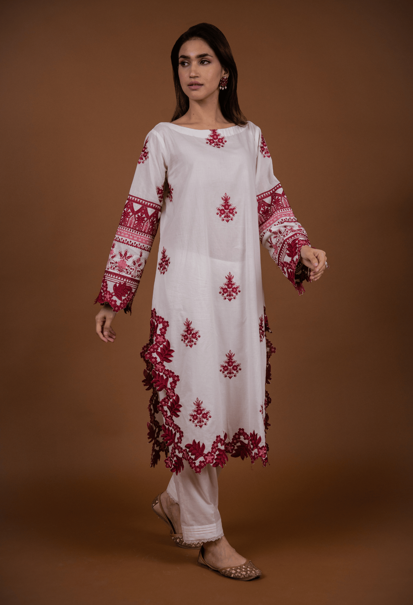 Floral Cutwork Kurta Set - White & Maroon