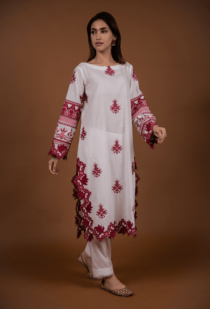 Floral Cutwork Kurta Set - White & Maroon