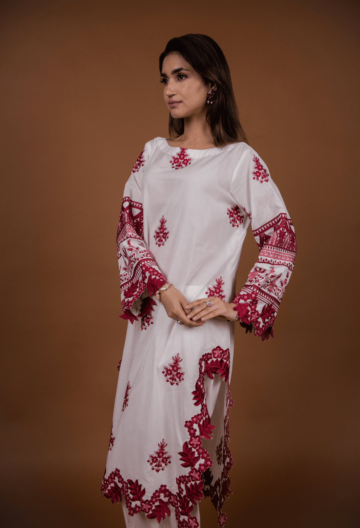 Floral Cutwork Kurta Set - White & Maroon