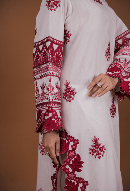 Floral Cutwork Kurta Set - White & Maroon