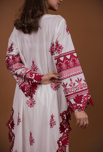 Floral Cutwork Kurta Set - White & Maroon