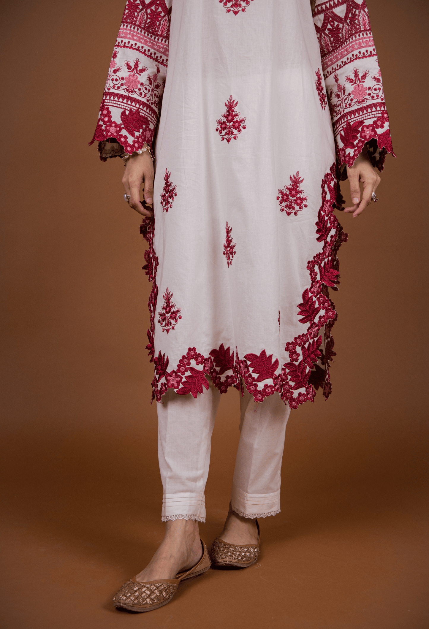 Floral Cutwork Kurta Set - White & Maroon