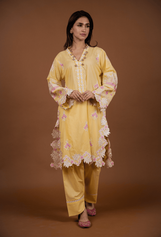 Floral Cutwork Kurta Set - Yellow