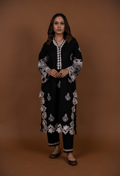 Floral Cutwork Kurta Set - Black