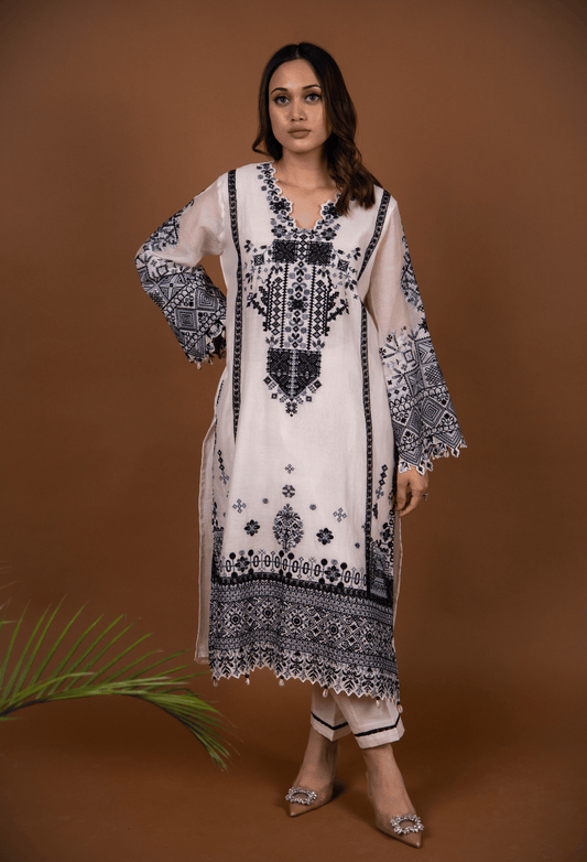 Cross Stitch Chanderi Kurta Set - Milky White