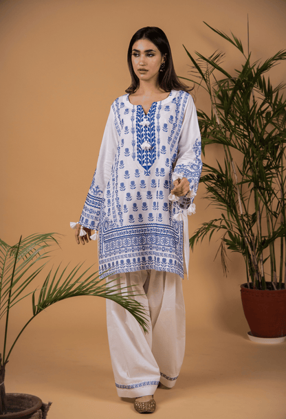 Cross Stitch Lawn Kurta Set - White & Blue