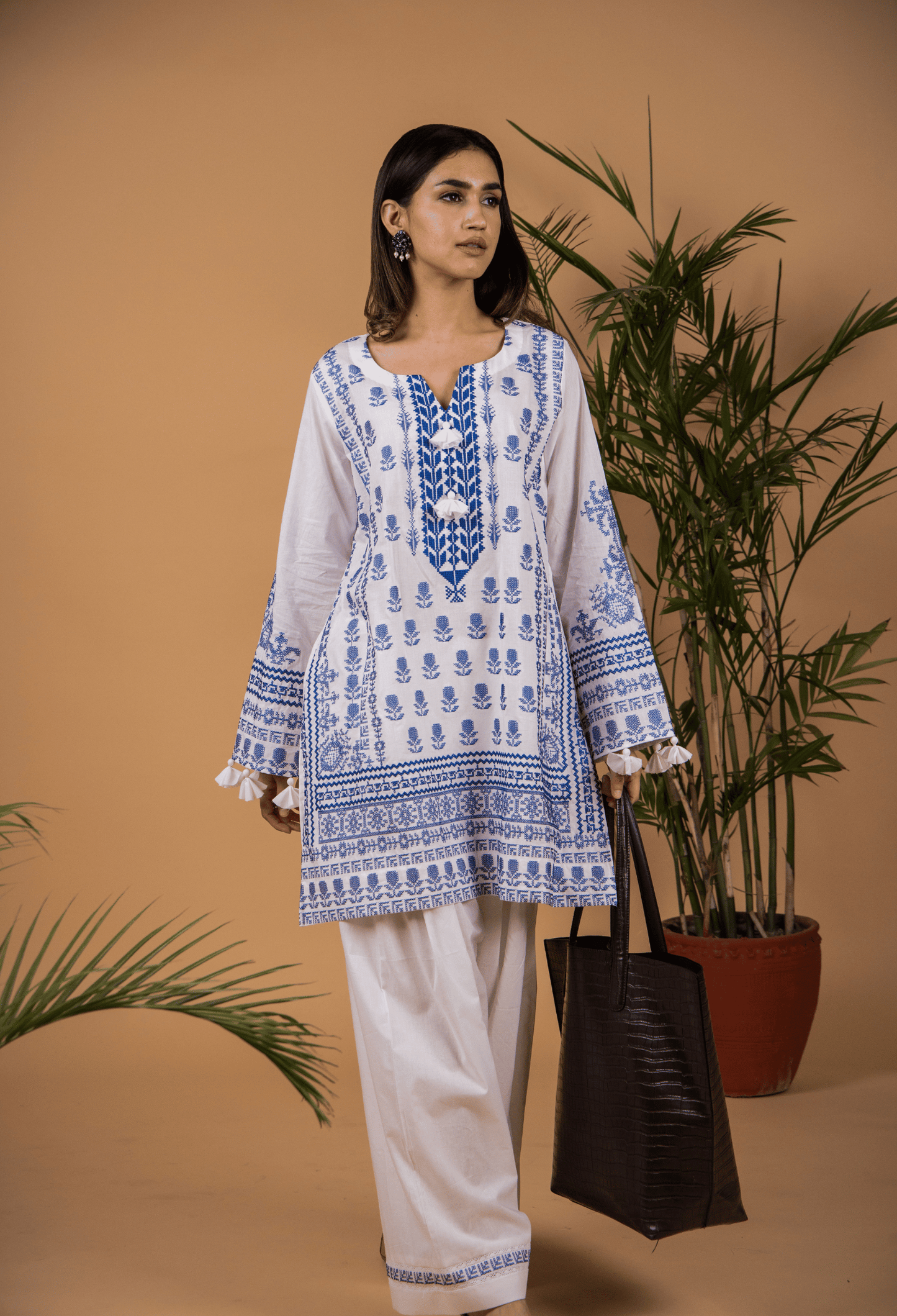 Cross Stitch Lawn Kurta Set - White & Blue