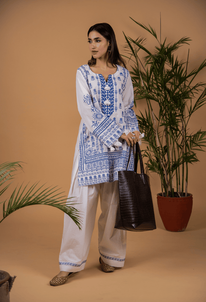 Cross Stitch Lawn Kurta Set - White & Blue