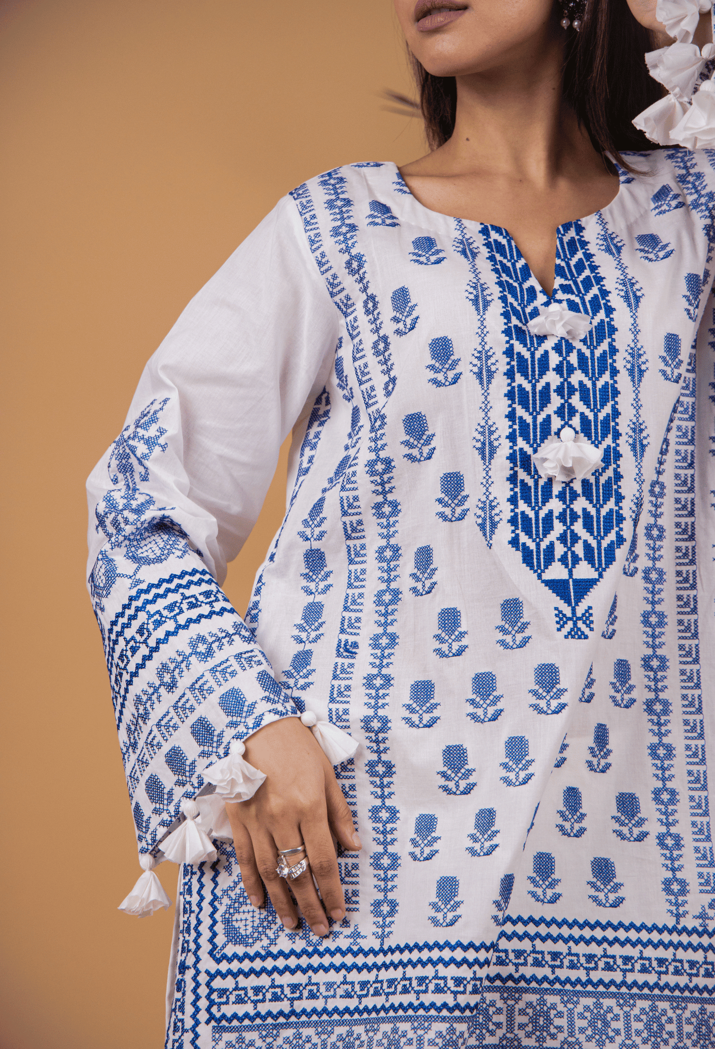 Cross Stitch Lawn Kurta Set - White & Blue