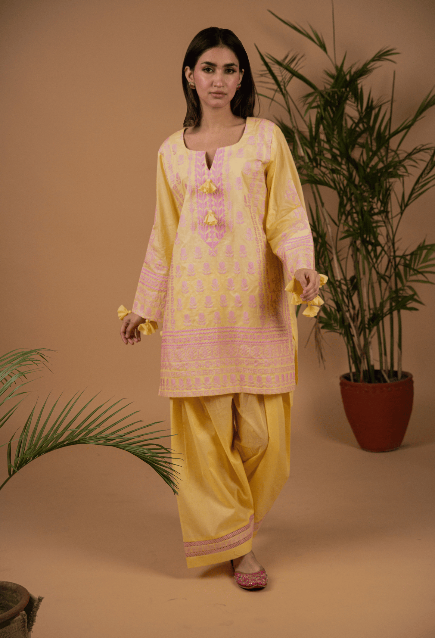 Cross Stitch Lawn Kurta Set - Yellow & Pink