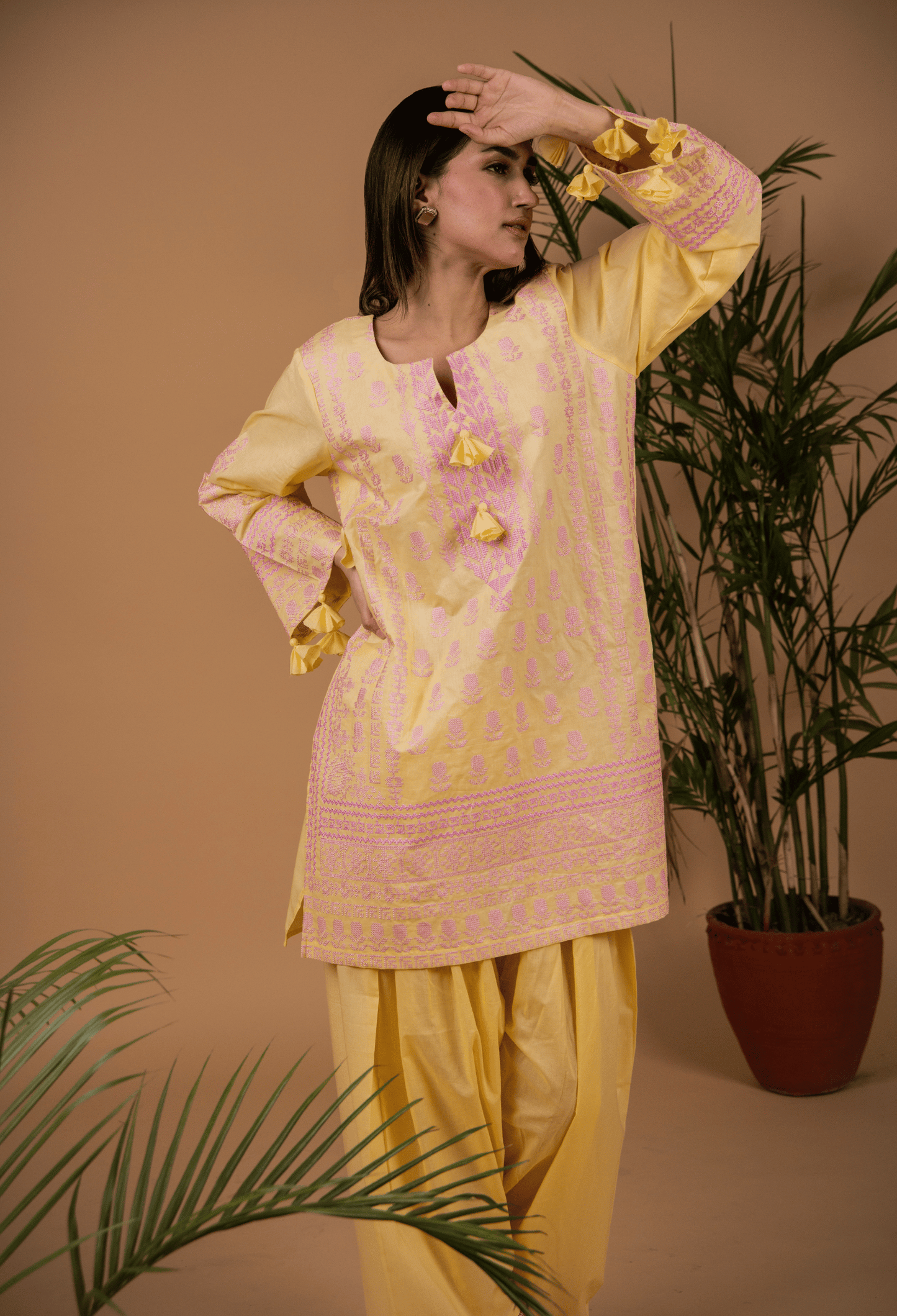 Cross Stitch Lawn Kurta Set - Yellow & Pink