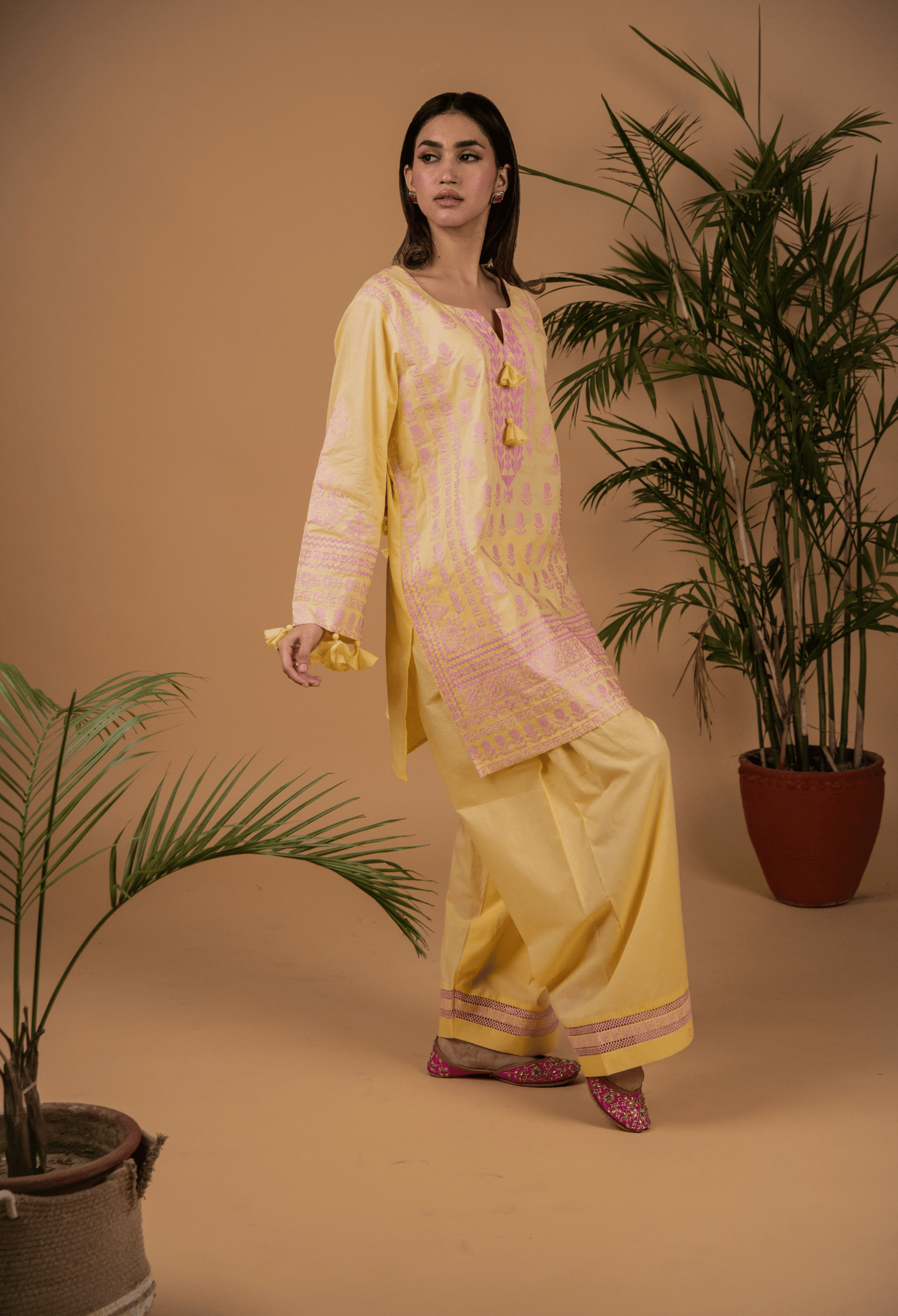 Cross Stitch Lawn Kurta Set - Yellow & Pink