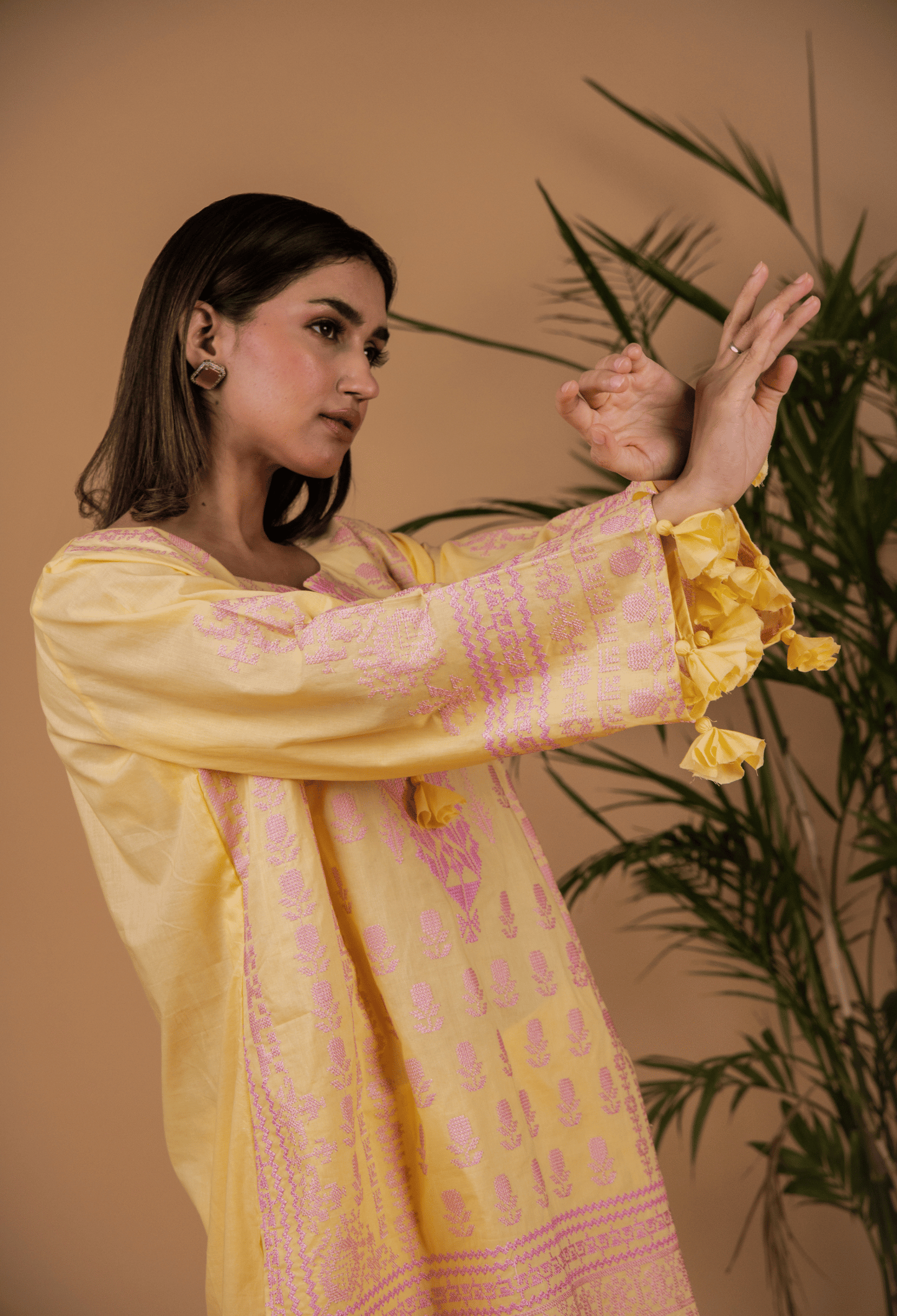 Cross Stitch Lawn Kurta Set - Yellow & Pink