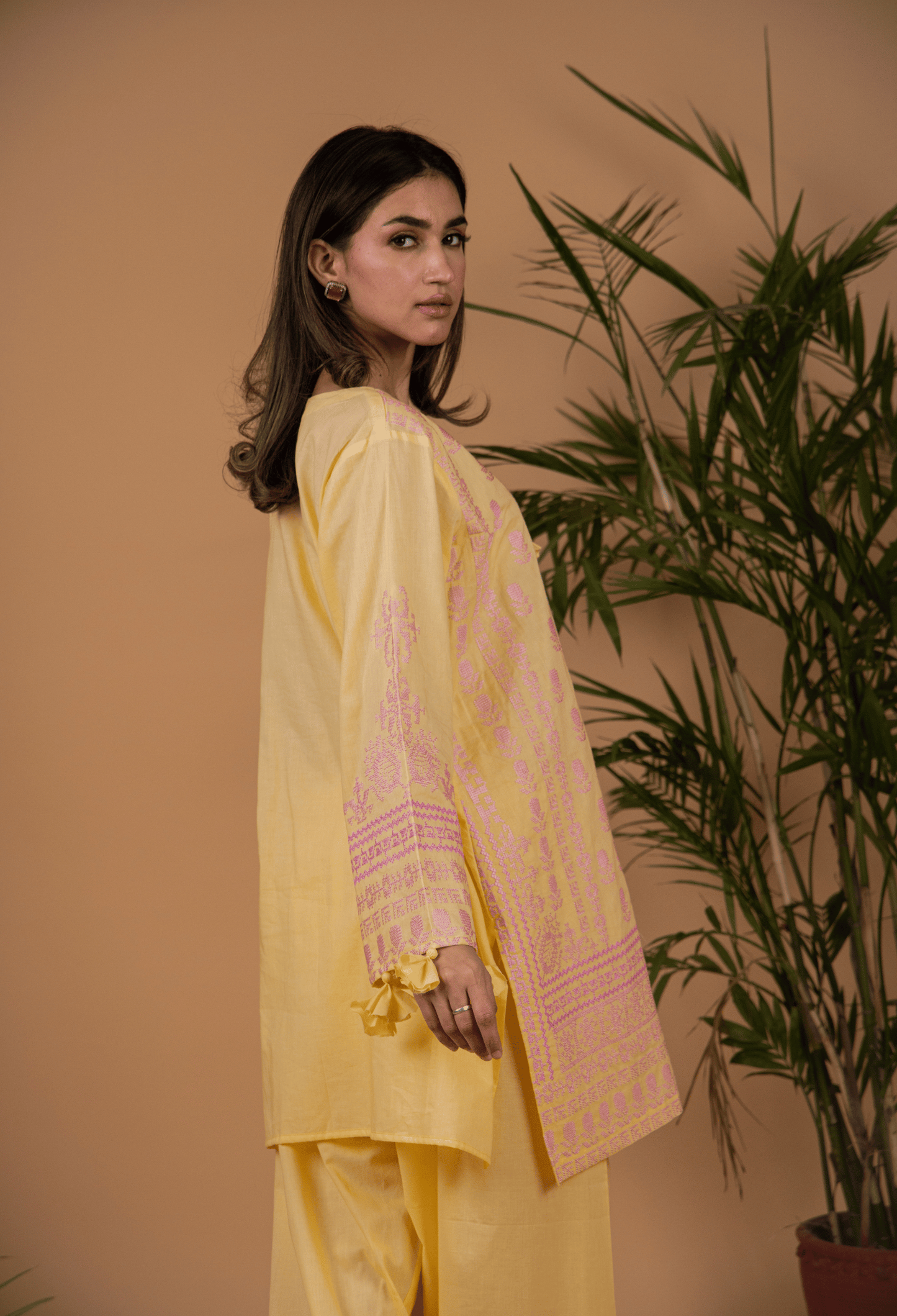 Cross Stitch Lawn Kurta Set - Yellow & Pink