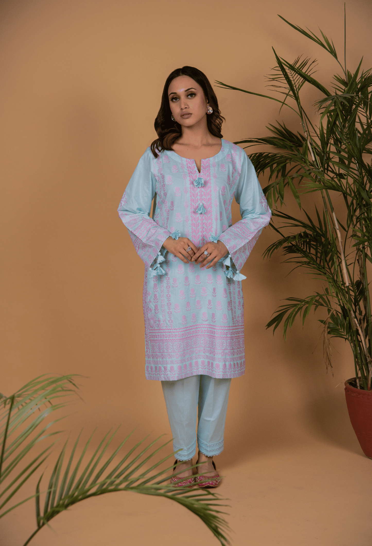 Cross Stitch Lawn Kurta Set - Blue & Pink