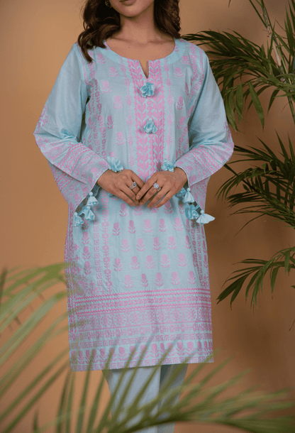 Cross Stitch Lawn Kurta Set - Blue & Pink