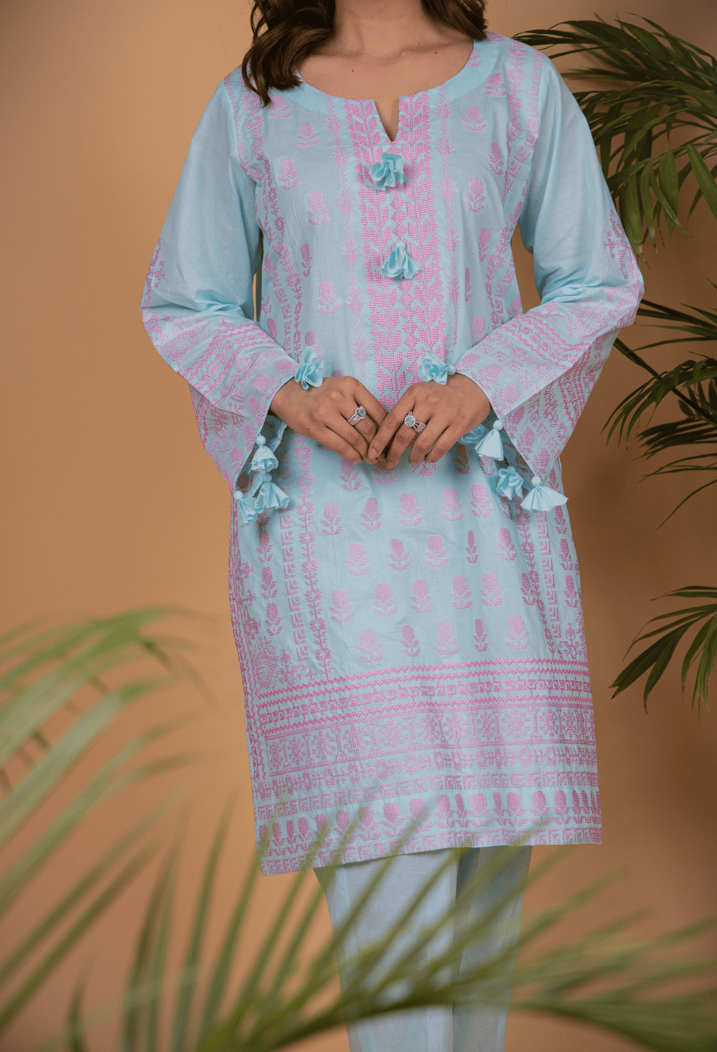 Cross Stitch Lawn Kurta Set - Blue & Pink