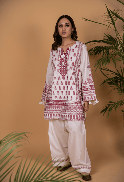 Cross Stitch Lawn Kurta Set - White & Maroon