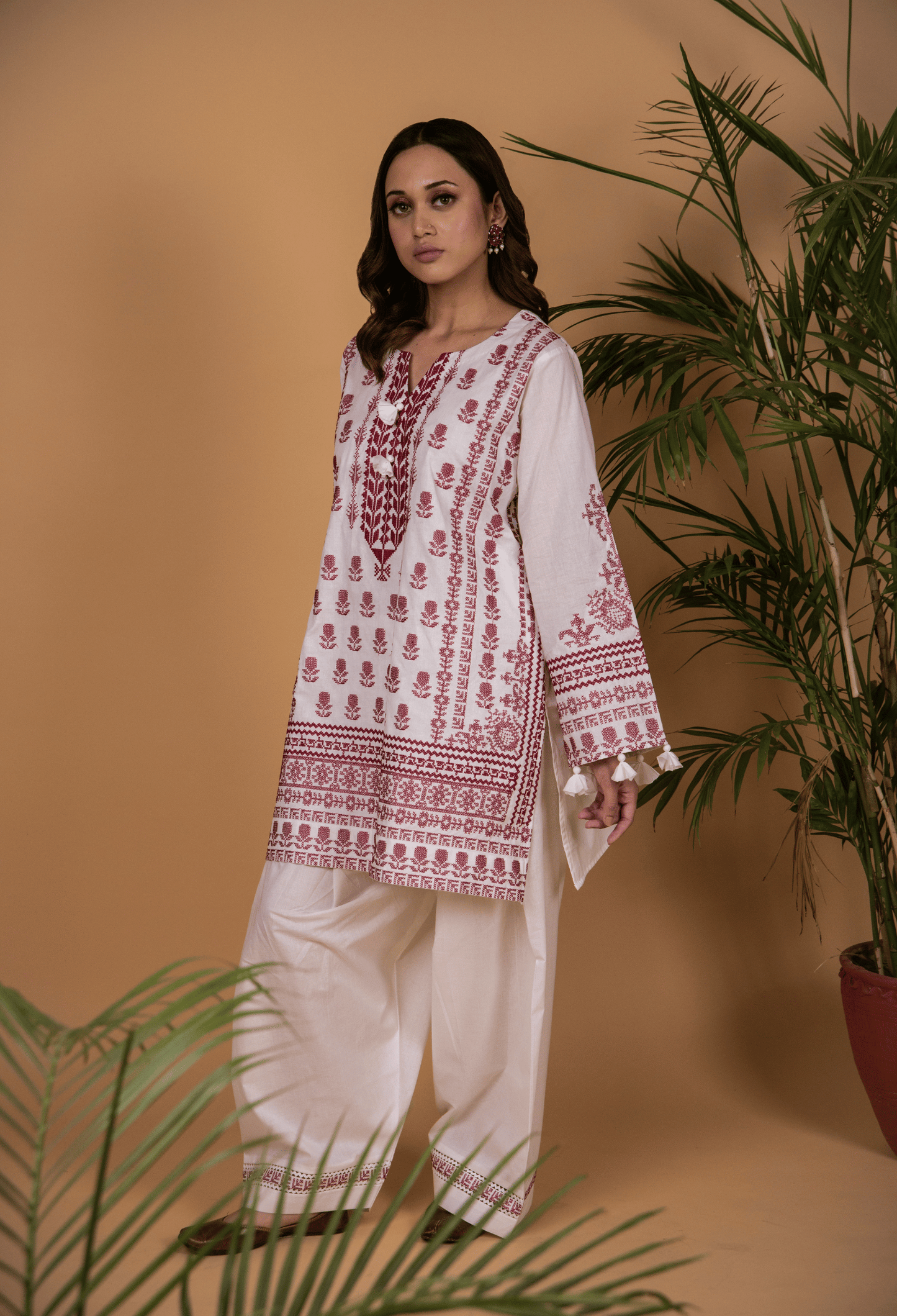 Cross Stitch Lawn Kurta Set - White & Maroon