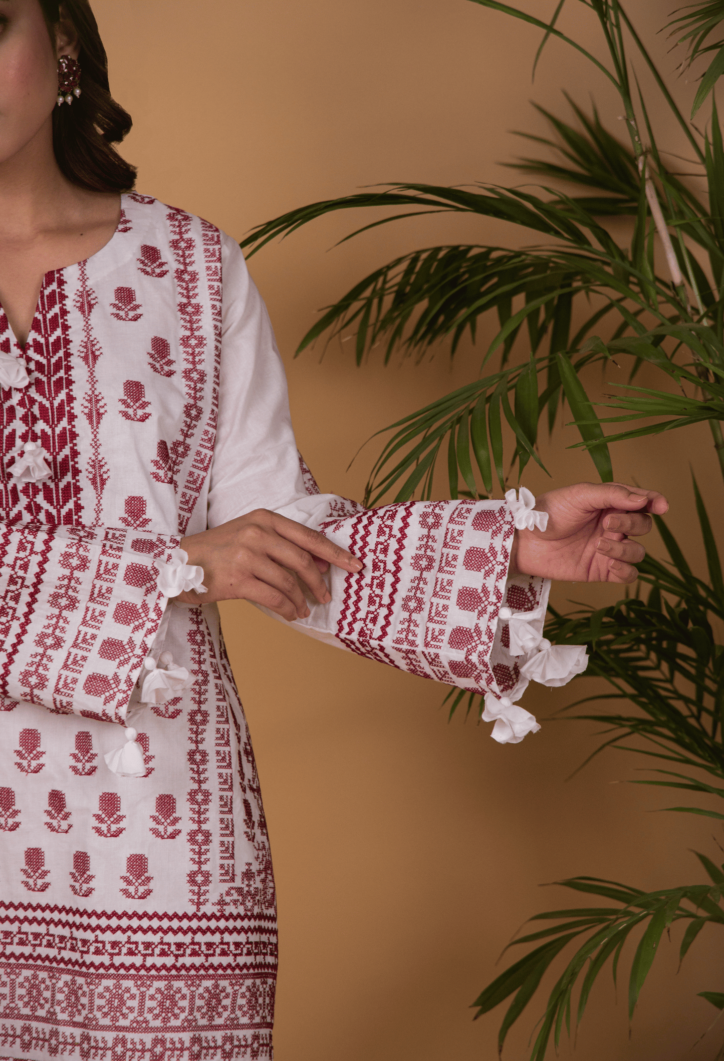 Cross Stitch Lawn Kurta Set - White & Maroon