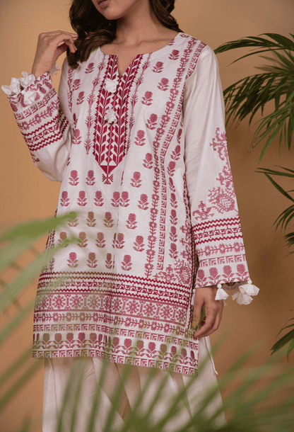 Cross Stitch Lawn Kurta Set - White & Maroon