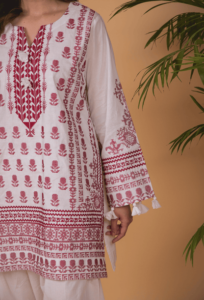 Cross Stitch Lawn Kurta Set - White & Maroon